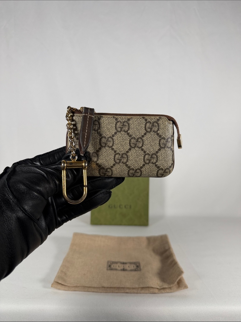 Gucci Brown GG Supreme Canvas Key & Card Holder with Gold-Tone Hardware
